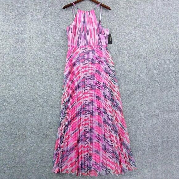 Laundry by Shelli Segal Dress Sz 10 Pink Purple Maxi Pleated Halter Lagenlook - Picture 1 of 12